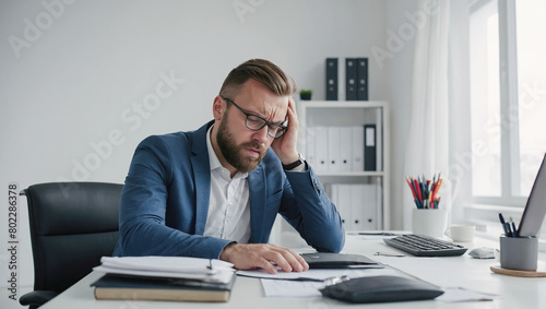 Tired businessman using laptop in office. Headache, problems, fatigue, burnout at work.