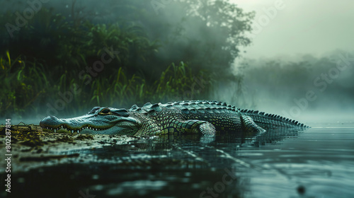  A crocodile basking on the banks of a murky rive