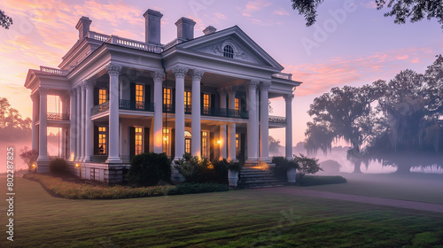 Majestic Southern Mansion in Misty Sunrise Glow