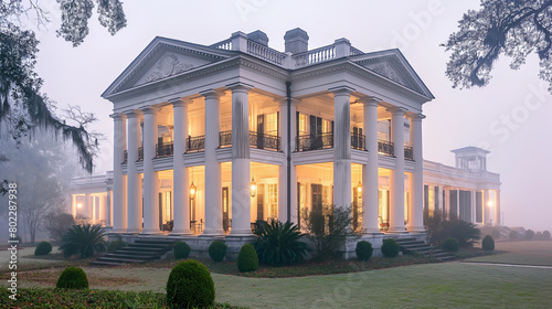 Majestic Southern Mansion in Mystical Morning Fog