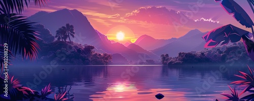 illustration Purple pink color sunset evening nature outdoor lake with mountains landscape background wallpaper