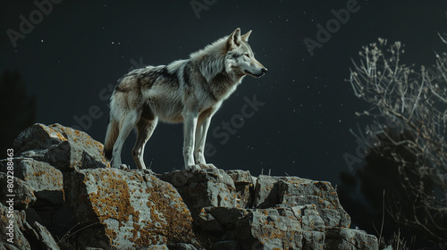 A lone wolf standing proudly on a rocky outcrop, its silvery fur blending seamlessly with the moonlit landscape