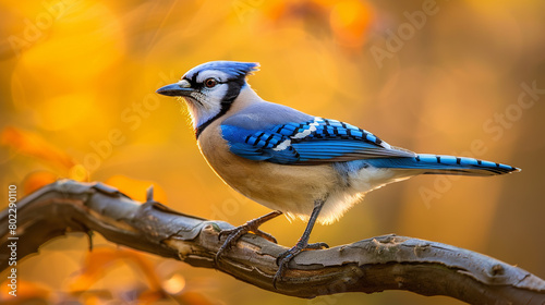 Professional photo with best angle showcasing the striking beauty of a blue jay as it perches on a sunlit branch