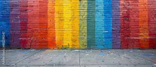 Bold stripes of rainbow colors painted on a brick wall, pride month theme banner