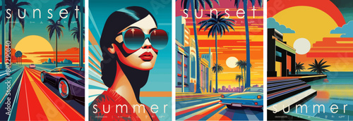 Stylish vector art series of summer posters with vibrant sunset scenes, classic cars, and a fashionable woman wearing sunglasses. Illustrations for card, poster, banner, flyer, brochure or background.