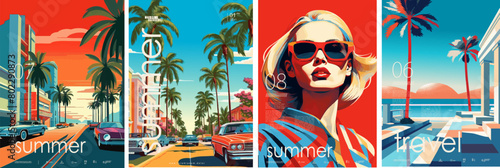 Retro-styled vector summer posters featuring vibrant cityscapes, a stylish woman, and exotic beach scenes. Illustration for card, poster, banner, flyer, brochure or background.