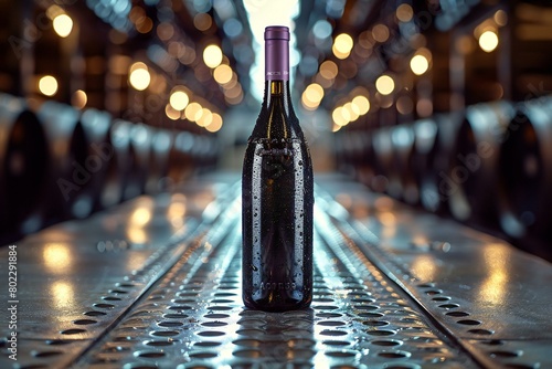 Bottle of red wine on a conveyor belt in a cellar