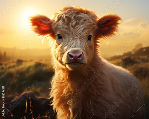 Newborn calf standing wobbly in a lush green field, the morning sun casting a warm glow on its soft, damp fur