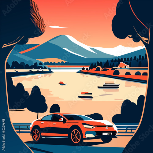 citroen by the lake and mountain far, vector illustration flat 2