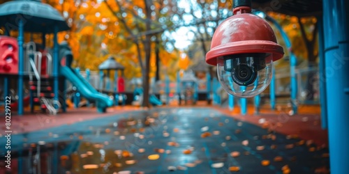 Surveillance camera on the playground, children's safety. Generative AI