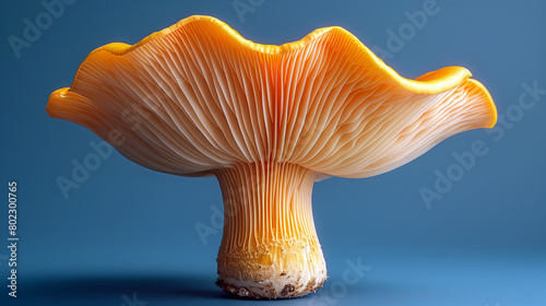 Closeup of yellow a chanterelle mushroom on blue background.