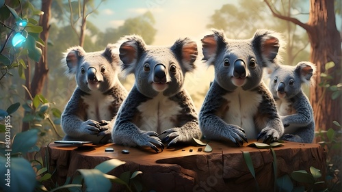 "Artistic image depicting koala bears using hand speakers to communicate critical alerts and warnings. The scene has a surreal and imaginative interpretation, blending elements of nature and technolog