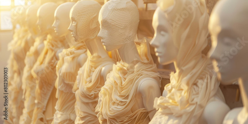 Golden Array of Classical Female Busts in Soft Light