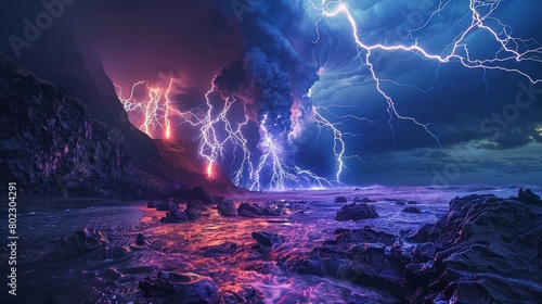 Marvel at the volcanic lightning illuminating a stream with a vibrant fish population, a dance of light and life
