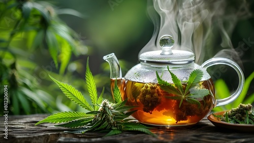 CBD Tea with Cannabis Leaves in Teapot: Steam Rising and Copy Space Available. Concept CBD Tea, Cannabis Leaves, Teapot, Steam Rising, Copy Space
