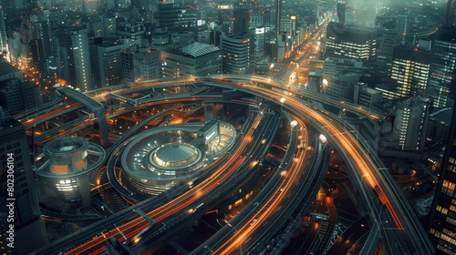 Aerial shot of futuristic transport architecture, merging diverse modes at a single hub