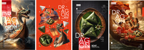 Vibrant Dragon Boat Festival posters showcasing traditional dragon boats, cultural activities, and family celebrations. Illustration for card, poster, banner, flyer, brochure or background.