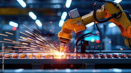 Witness the seamless fusion of technology and precision as a robotic welding arm meticulously aligns metal components, showcasing the efficiency of modern manufacturing processes.