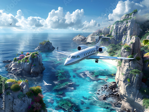 A private jet flies over a tropical island with a blue lagoon.