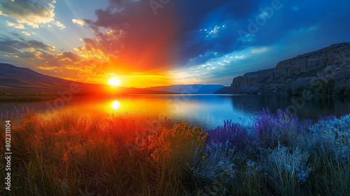 Summer Solstice Sunrise and Sunset Glow over Lake Wildflower Fields And Mountains, Sun Equinox And Nature