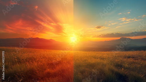 Summer Solstice Sunrise and Sunset Glow over Fields And Mountains, Sun Equinox And Nature