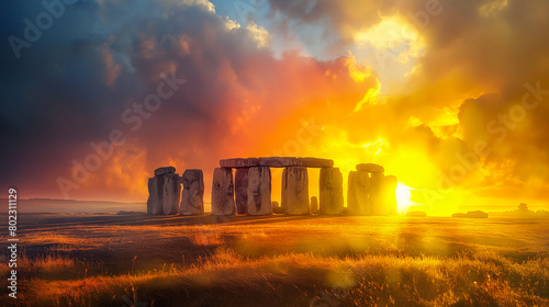 Summer Solstice Sunrise and Sunset Glow over Stonehenge Stones and Fields, Sun Equinox And Ancient Sites In Nature