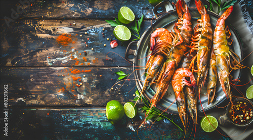 A plate of shrimp and lime is on a table. The plate is placed on a wooden table with a colorful background. Generative AI
