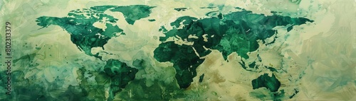 Abstract art piece featuring a world map in various shades of green, symbolizing different environmental zones,