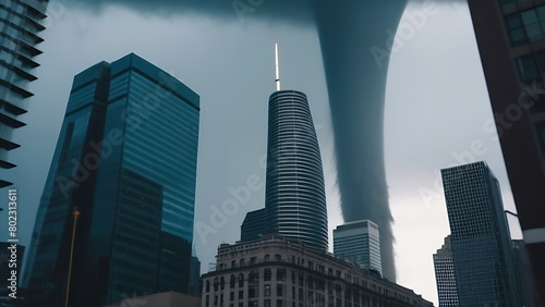 A large tornado in a metropolis destroys skyscrapers