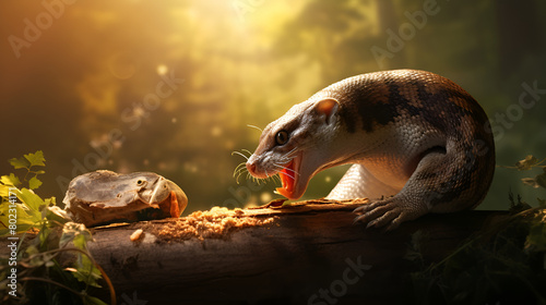 a mouse like snake opening mouth on a wooden whiskers on a blurred background