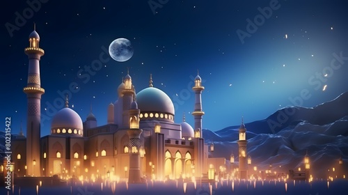 Eid Mubarak background with mosque and moon 3d rendering