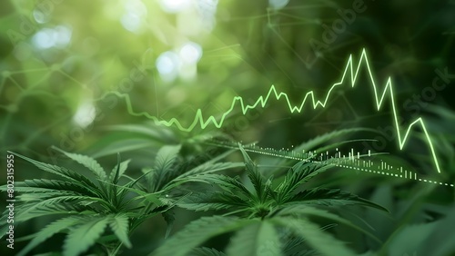 The title can be changed to: "Upward trend of cannabis business illustrated with green marijuana leaves on stock market graph". Concept Cannabis Industry Growth, Stock Market Trends