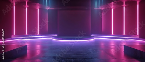 Marketing strategy plans sprawl across a sleek, minimalist stage, each segment illuminated by precise neon lighting to enhance visibility and clarity, product display background