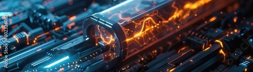 A 3D visualization of a scifi battery powering up, its core emitting a mysterious glow under dramatic, shadowy lighting,