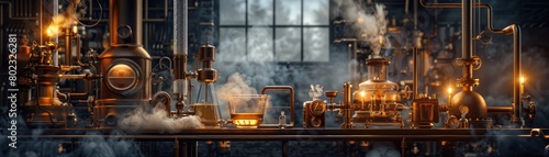 A 3D depiction of steam distillation equipment for essential oils, with a dark, dramatic lighting setup illuminating the process from raw plant to oil,