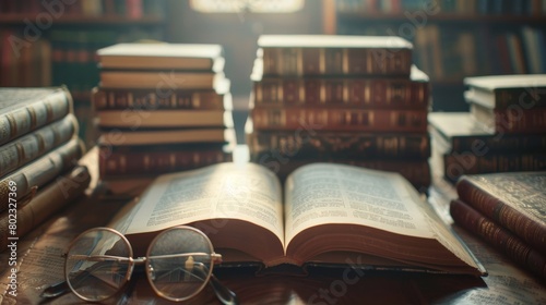 Books on a table, one open with reading glasses nearby, lit by sunlight. Old books stacked behind. Focus on the open book.