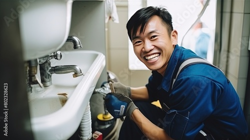 portrait of a smiling asian plumber in uniform busy with work and looking at the camera against the background of plumbing fixtures in the bathroom