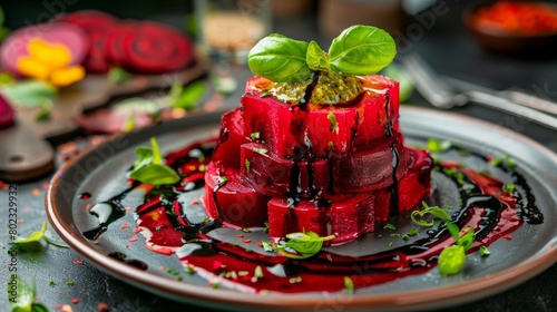 The cuisine of Belarus. Baked beetroot salad with Pesto sauce. 