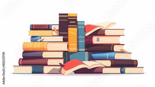 Stacks of books for reading, pile of textbooks for education Set of literature, dictionaries, encyclopedias, planners with bookmarks Colored flat vector illustration isolated on white background