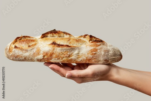 A hand holding a freshly baked baguette of bread, showcasing its golden crust and soft interior. 