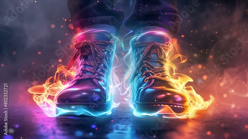 A striking image of a pair of shoes, each emitting a unique, colorful aura