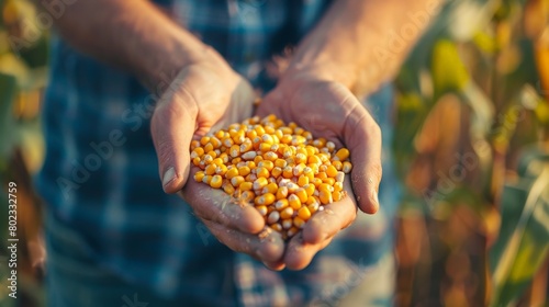 A farmer's hands holding a handful of corn kernels.