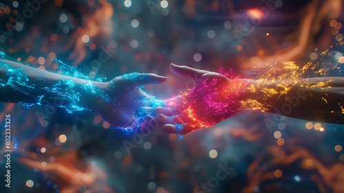 A vividly colored energy field emanating from a pair of intertwined hands