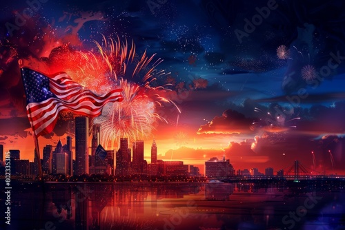 A spectacular fireworks display over a city skyline, with the American flag waving proudly in the foreground --ar 3:2 Job ID: f4285803-0817-45a7-a7ae-2cd1c8e933a9