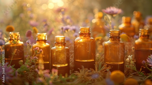 Essential oils collection, natural essence, golden hour light, close up, aromatic atmosphere 