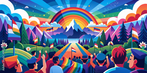 Colorful illustration depicting a joyous lgbtq pride parade with participants waving flags, set against a backdrop of mountains, rainbow, and a symbolic heart-shaped sun