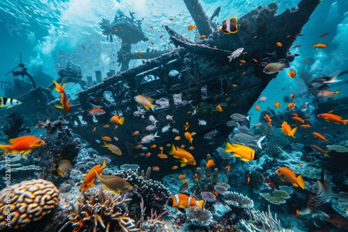 Underwater scene with a school of tropical fish swimming around a sunken shipwreck covered in coral, highlighting the mystery of the deep sea --ar 3:2 Job ID: 8cae5a41-da97-4462-9c8a-c27013d173bd