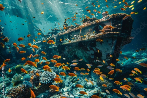 Underwater scene with a school of tropical fish swimming around a sunken shipwreck covered in coral, highlighting the mystery of the deep sea 