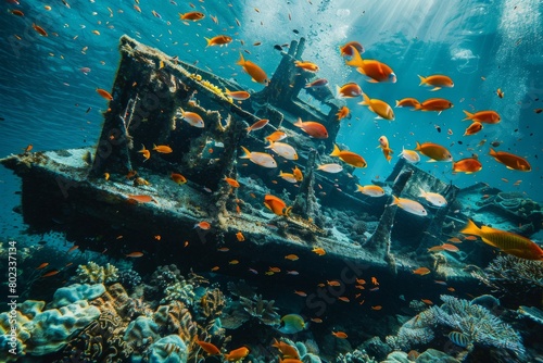 Underwater scene with a school of tropical fish swimming around a sunken shipwreck covered in coral, highlighting the mystery of the deep sea 