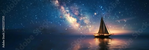 Sailing ship in sea water with night sky milky way.